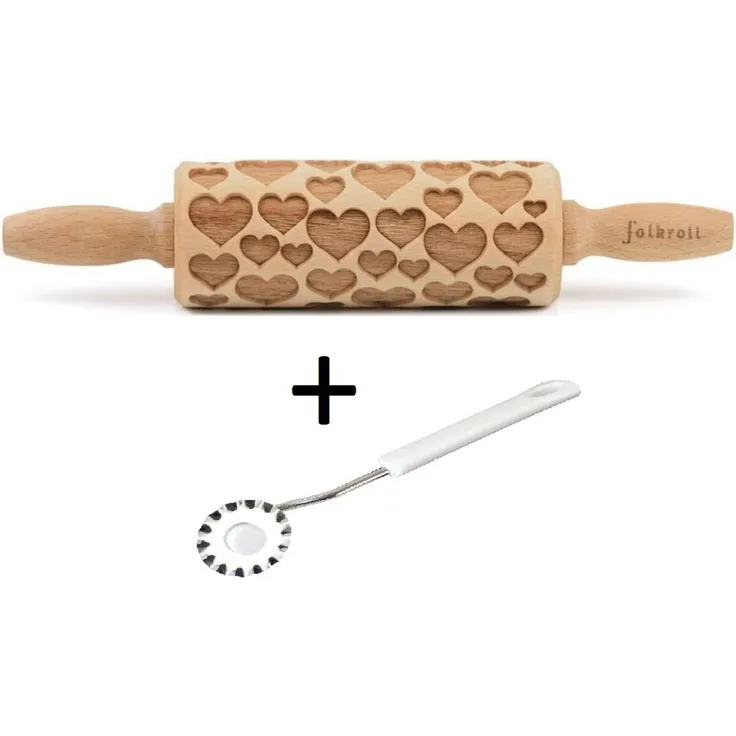 Folkroll Motiv Teigrolle Teigroller Herzen Herz 23cm mit Teigrädchen 331644