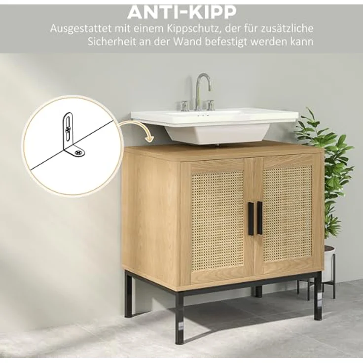 kleankin Waschbeckenunterschrank Unterschrank mit Schrankfach, Waschtischunterschrank mit Rattanoptik, Badunterschrank mit Kippschutz, Eiche, 60 x 39 x 60 cm – Bild 8
