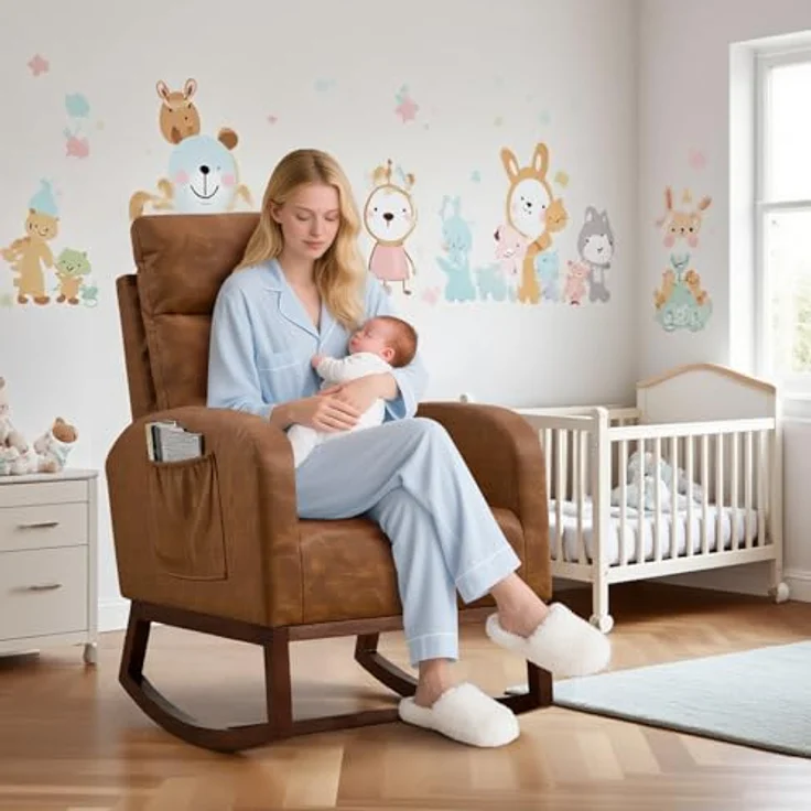GarveeLife Stillschaukelstuhl für Kinderzimmer, PU-Leder Schaukelstuhl mit 66 cm hohem Rückenlehne, Moderner Relaxstuhl für Wohnzimmer, Schlafzimmer & Leseecke – Braun – Bild 5