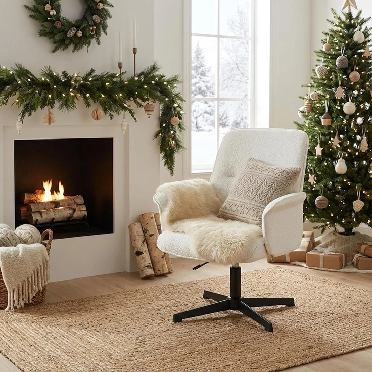 MEUBLE COSY Bürostuhl Ergonomisch Schreibtischstuhl mit höhenverstellbar Armlehnen 360° Drehbar Schminkstuhl Sessel für Büro Wohnzimmer Schlafzimmer Vanity, Bouclé Frottier, Weiß – Bild 6