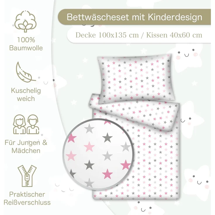 KiGATEX Kinderbettwäsche Stars 100% Baumwolle 40x60/100x135 cm, Reißverschluss – Bild 2