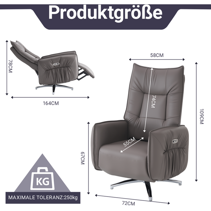 HOME NATURE WOHNKONZEPT Elektrischer Relaxsessel mit USB-Anschluss, elektrisch verstellbarer TV-Sessel mit Liegefunktion, Kunstleder Braun, bis 350 kg, FT9208 – Bild 2