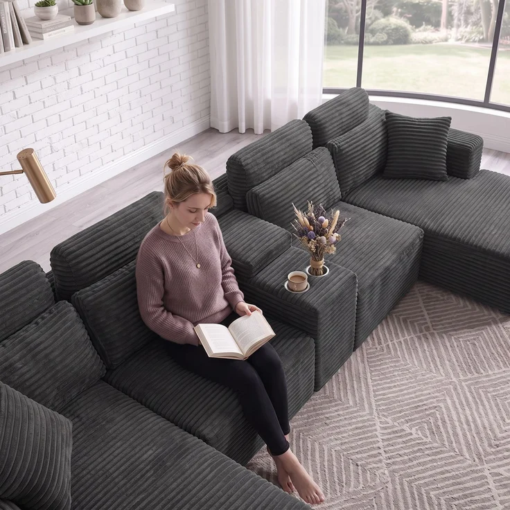 ZUBALIYA Boneless Compression Sofa, U-förmiges modulares Sofa mit integrierten Becherhaltern, Dunkelgrau, 372 x 151 x 80 cm – Bild 8