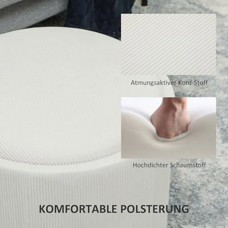 HOMCOM Sitzhocker Runder Hocker mit Stauraum (Polsterhocker in Cordoptik für Wohnzimmer, 1 St, Cremeweiß), Ø56 x 42 cm – Bild 5