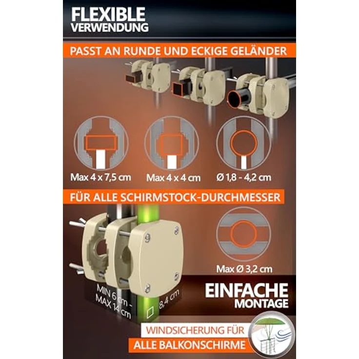 4smile 2 x Sonnenschirmhalter Balkongeländer SunnyBoy 3.0 + Windsicherung für Schirme - Schirmhalterung Balkongeländer als Sonnenschirmständer Balkon - Sonnenschirm Halterung Balkon, Sandbraun – Bild 6