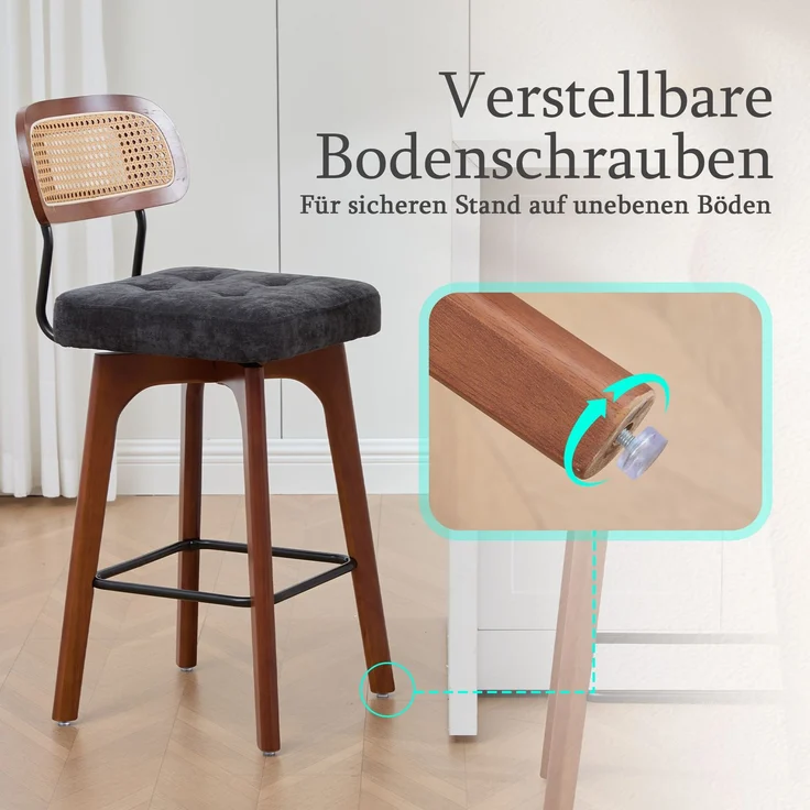 2er-Set um 360° drehbare Barhocker, Küchen- und Frühstücksbarhocker mit Rückenlehne, Rückenlehne aus Rattan mit gepolsterter Sitzfläche, Barhocker im modernen Mid-Century-Stil(schwarz, Chenille-Stoff--Schwarz--51x44x96cm--YOUDENOVA – Bild 5
