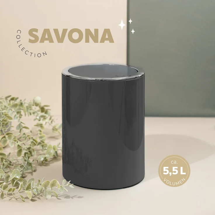 Kosmetikeimer SAVONA inkl. Wandhalterung 5,5 Liter Kunststoff, rund grau – Bild 4