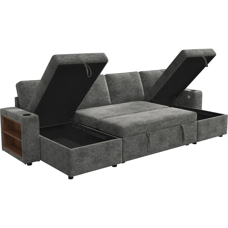 ZUBALIYA Schlafsofa, mit Stauraum, mit USB-C-Anschluss, mit Schlaffunktion, modular kombinierbar, mit Getränkehaltern, H 86 × T 270 × B 125 cm, Grau, Chenille – Bild 16