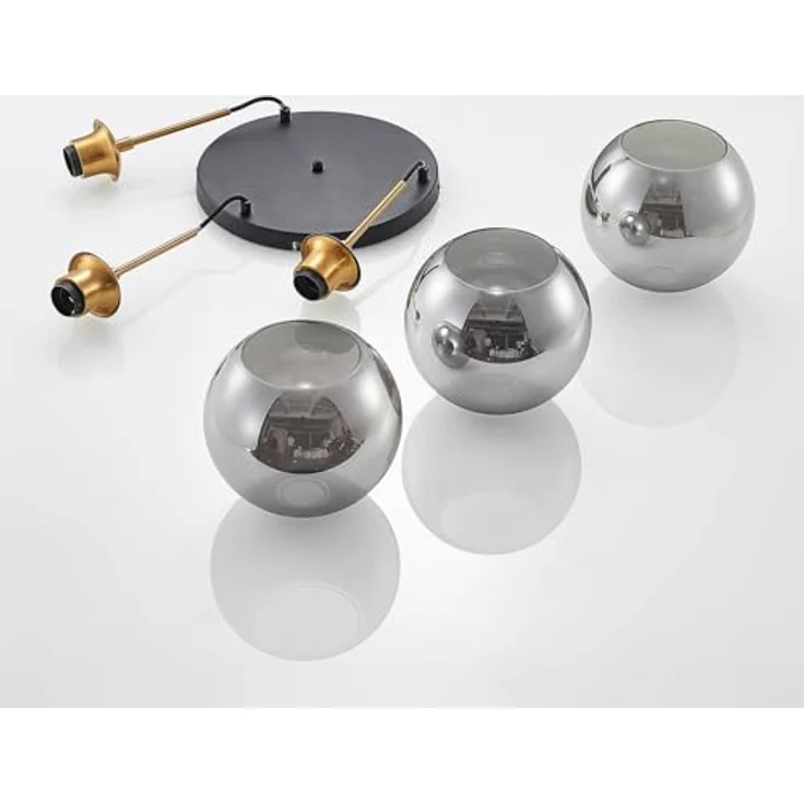 Lindby Hängelampe Jurian, 32 cm, 3-flg., mit rauchgrauen Glasschirmen und bronzenen Details – Bild 8