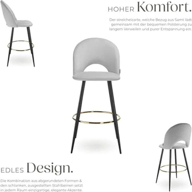 tectake Barstuhl Sachel, Hellgrau, gepolsterter Bistrostuhl mit stabilen Stahlbeinen und Fußstütze, 49x110x58 cm – Bild 5