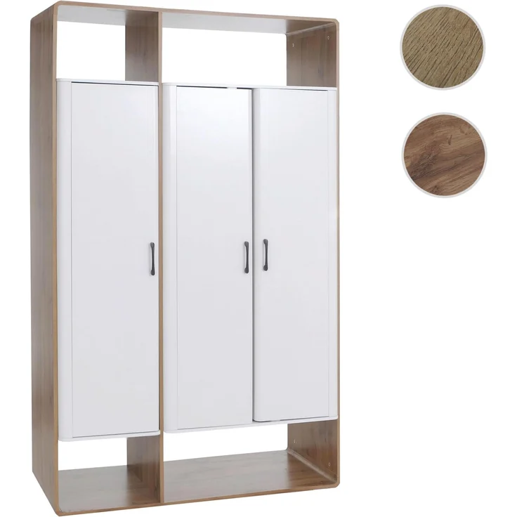 Schrank HWC-P43, Garderobenschrank Kleiderschrank Highboard 3 Türen MDF 200x120x55cm ~ Wotan-Eiche-Optik, weiß – Bild 9