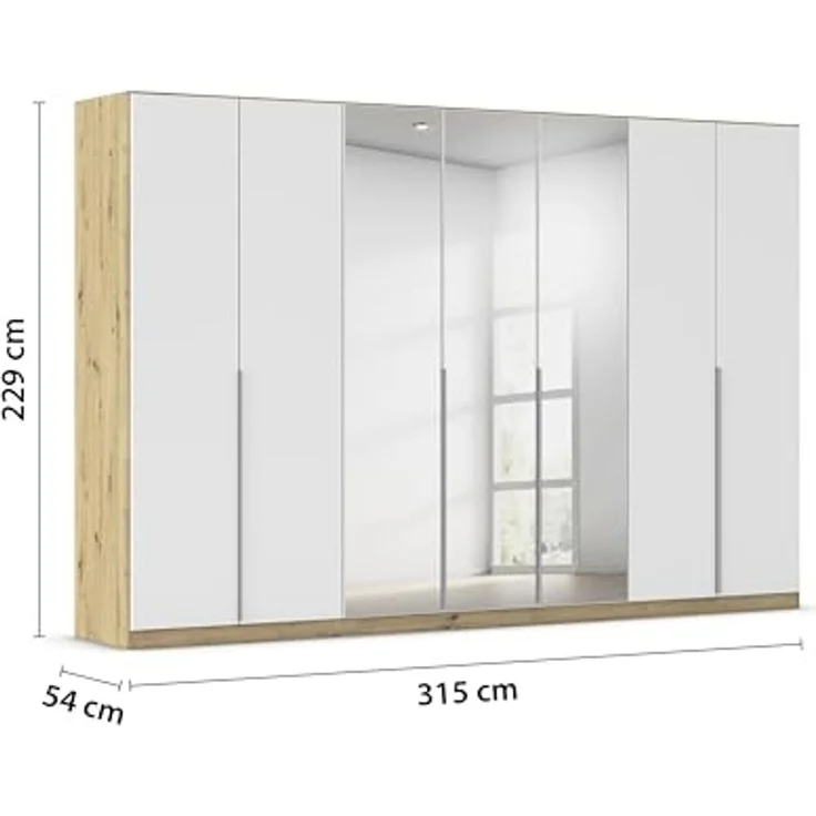 Rauch Möbel Alabama, Kleiderschrank für Schlafzimmer, Kinderzimmer, Wohnzimmer, Garderobe, Flur, 7-türig, Spiegel, mit Zubehör Classic, Farbe Weiß/Eiche Artisan, Holz, Breite 315 cm – Bild 3