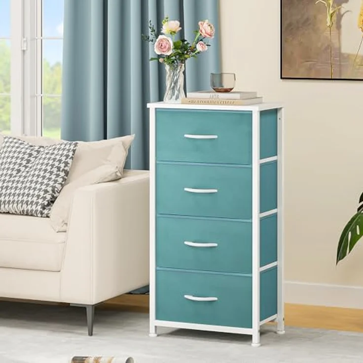DWVO Kommode mit 4 Schubladen, Schrank aus Stoff mit Griffen, Metallgestell & MDF-Holzplatte, langlebig, für Schlafzimmer & Wohnzimmer,Grün – Bild 2