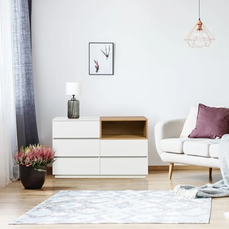 hjh LIVING Sideboard mit 5 Schubladen 120 x 40 x 76 cm MELMO S Schubladenkommode im skandinavischen Stil, griffloses Design, Weiß/Eiche – Bild 3