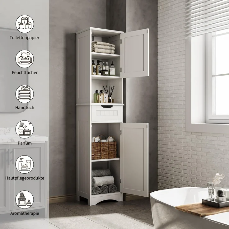 Bealife Hochschrank Badezimmer, Badschrank mit verstellbaren Regalen, Badezimmerschrank mit offenem Fach, Schublade und Türen für Badezimmer, Wohnzimmer, Schlafzimmer (Weiß) – Bild 6