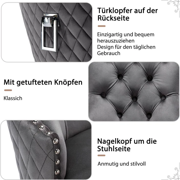2er Set Esszimmerstuhl Samt gepolstert Massivholz & Metall, modernes Design mit Pin-Kopf Dekoration,Grau – Bild 5