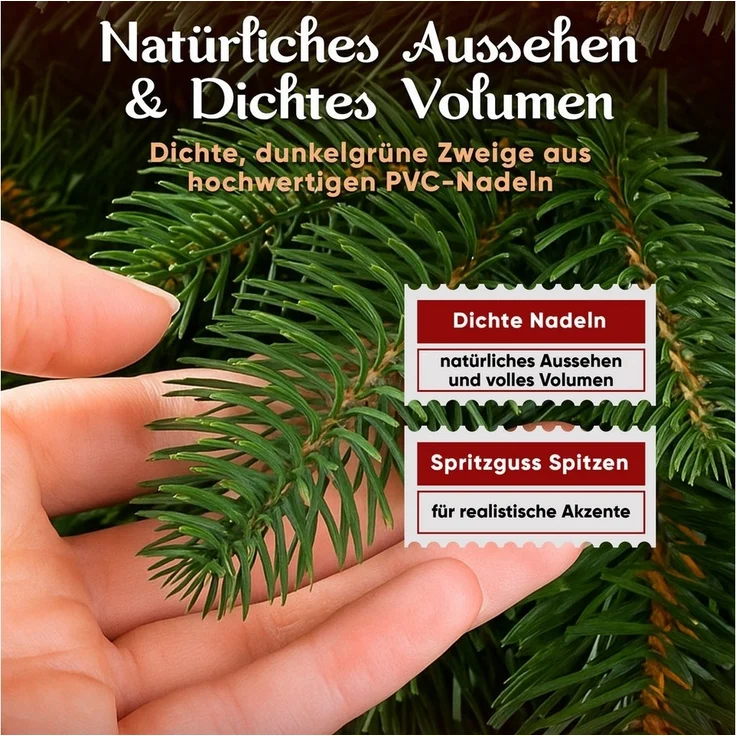 VESKA Künstlicher Weihnachtsbaum Naturgetreu mit Holzständer, Tannenbaum 140cm / 180 cm, Nordmanntanne, dichte Zweige, mit Aufbewahrungstasche, LED Beleuchtung – Bild 1