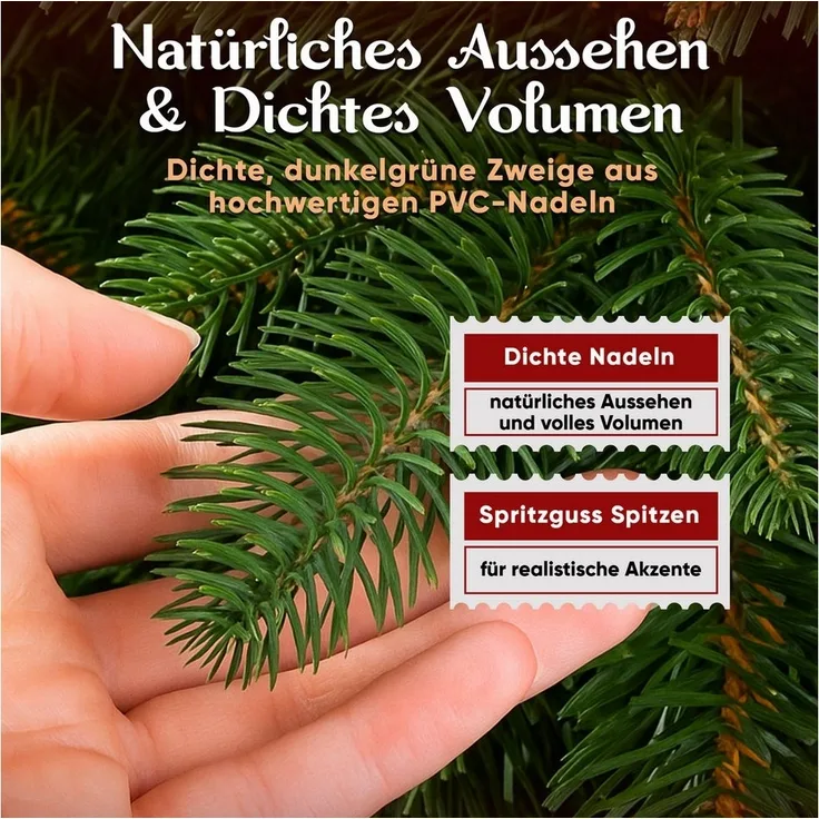 VESKA Künstlicher Weihnachtsbaum Naturgetreu mit Holzständer, Tannenbaum 140cm / 180 cm, Nordmanntanne, dichte Zweige, mit Aufbewahrungstasche, LED Beleuchtung
