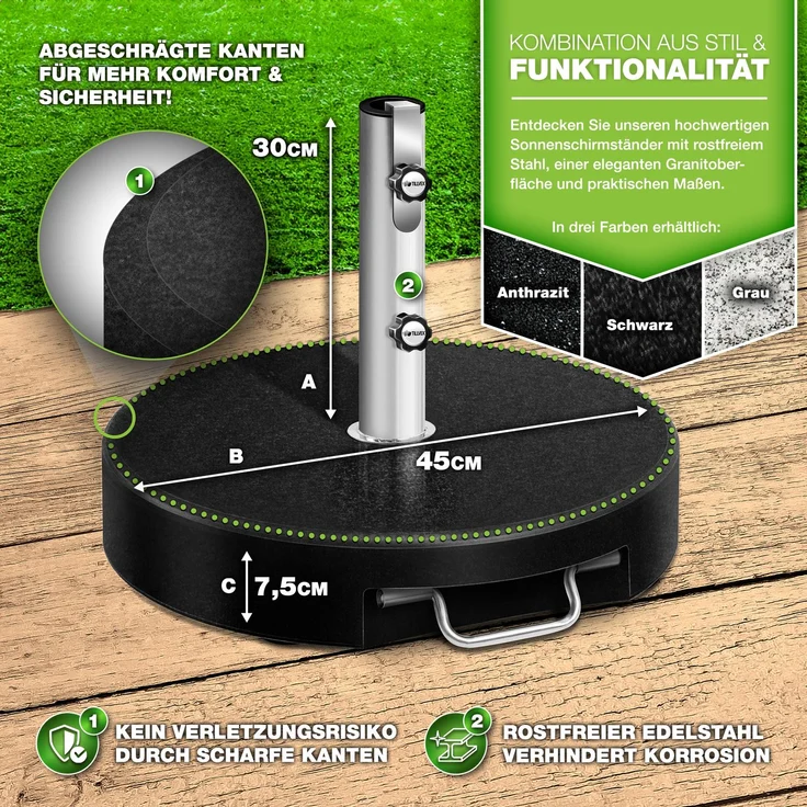 tillvex® Granit Sonnenschirmständer mit Rollen & Teleskopgriff 27 kg Schwarz - Rund | Schirmständer Sonnenschirm mit Edelstahlrohr | Balkonschirmständer für Schirmstöcke 16-48 mm & 300 cm Schirmdurchmesser – Bild 2