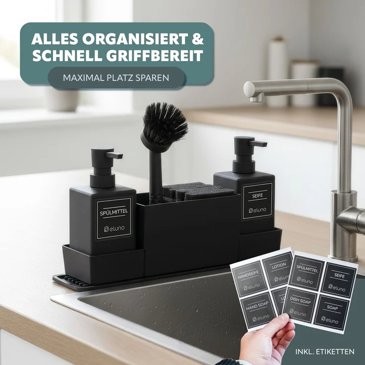 eluno Spülbeckenorganizer mit vielen Extras wie 2 Seifenspendern, aus schwarzem Kunststoff, ca. 34,5 x 24 x 9 cm – Bild 2