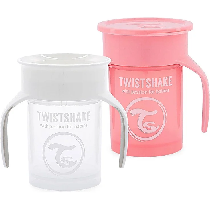 Twistshake 2x Auslaufsicherer Baby 360 Trinkbecher mit Silikondichtung - 230ml | Trainingsbecher für Kinder | Trinkflasche | BPA-Frei | Weiß Rosa