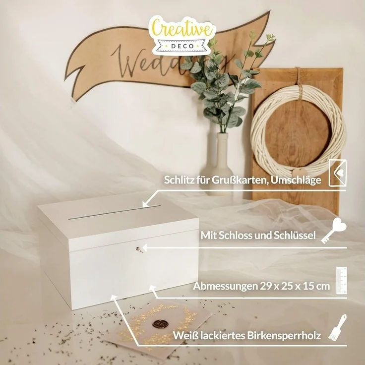 Creative Deco Aufbewahrungsbox Holzkiste Kartenbox Hochzeit 29x25x15 cm Holzbox mit Schlitz, Schloss und Schlüssel – Bild 3
