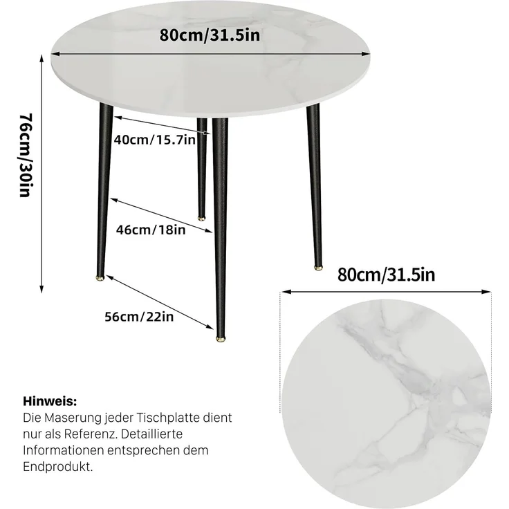 FATIVO Esstisch Runder Esszimmertisch Kchentisch aus Sinterstein Esszimmer 80x80x76 cm Wei? – Bild 2
