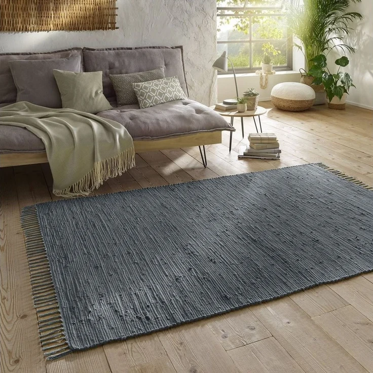 TaraCarpet Teppich Flickenteppich TaraCarpet Sylt mit Fransen, rechteckig, Höhe: 5 mm, Wohnzimmer Schlafzimmer Küchenteppich anthrazit 090x160 – Bild 1