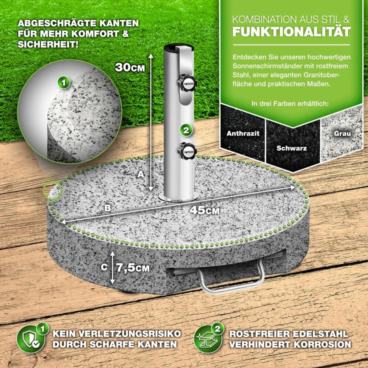 tillvex® Granit Sonnenschirmständer mit Rollen & Teleskopgriff 27 kg Grau - Rund | Schirmständer Sonnenschirm mit Edelstahlrohr | Balkonschirmständer für Schirmstöcke 16-48 mm & 300 cm Schirmdurchmesser – Bild 2