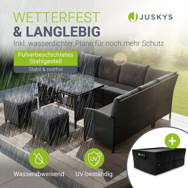 Juskys Polyrattan Lounge Manacor schwarz – Gartenlounge mit Sofa, Tisch, 2 Hocker & Kissen, inkl. Abdeckung – Gartenmöbel Set bis 8 Personen – Sitzbezüge in Grau – Bild 2