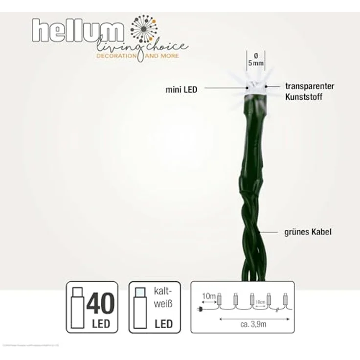 hellum Lichterkette 40 LED, LED Lichterkette außen 3,9 m beleuchtet, mit Stecker, outdoor mit Timer, kaltweiß, Außenlichterkette mit Außen-Transformator – Bild 3