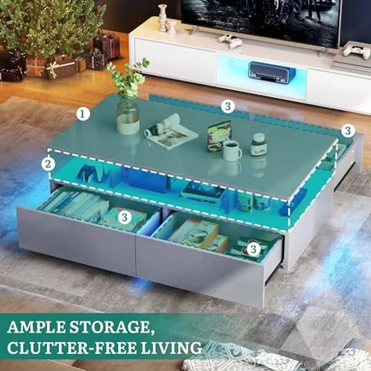 YITAHOME Couchtisch Grau, Wohnzimmertisch Hochglanz mit 16-Farbiger LED Beleuchtung Modern, Beistelltisch Weiss mit Offenem Ausstellungsregal und 4 Ausziehbaren Schubladen 90x55x41,1 cm – Bild 2