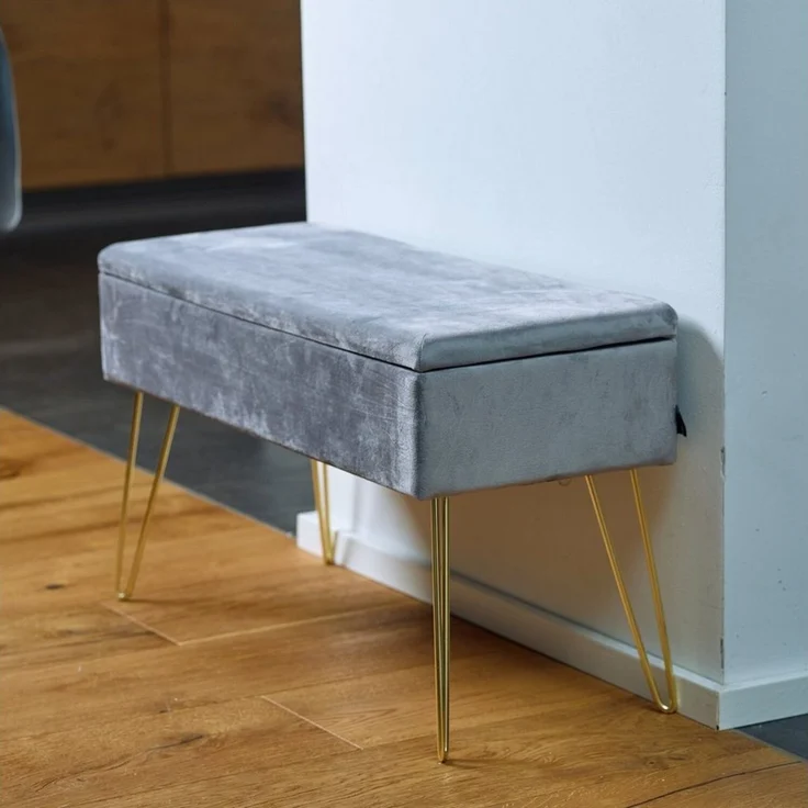 ECHTWERK Sitzhocker Sitzbank Scarlett mit Samtbezug, Aufbewahrungstruhe, Schminkbank mit Stauraum, Metallbeine, grau – Bild 3