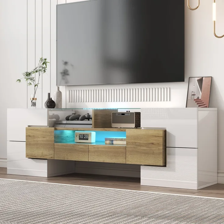 TV-Schrank 145 cm Hochglanzweiß und Holz mit LED-Beleuchtung, 6 Türen, 2 Schubladen, 3 offene Fächer
