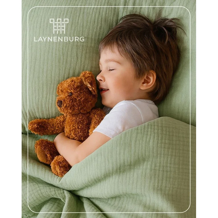 Laynenburg Kinderbettwäsche Musselin 2 teilig aus 100% Baumwolle in 100x135 cm + 40x60 cm, atmungsaktiv & bügelfrei – 3 lagig mit Reißverschluss & Haltebändern – Bild 1