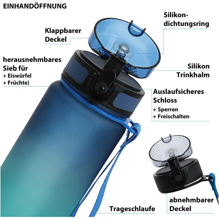 CEPEWA Trinkflasche Trinkflasche 650ml PET PP PE 7x24cm grün blau Handschlaufe Sieb – Bild 2