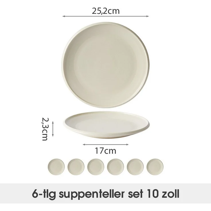 JIWOO Teller 4er Ø25,2 cm, Speiseteller Frühstücksteller Salatteller Dessertteller, (6 St), Hochwertige Plate Keramik Tellerset Weiß Mikrowellen spülmaschinenfest – Bild 2
