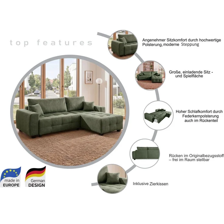 COLLECTION AB Ecksofa Bella L-Form, Breite 234 cm, Ecksofa,Schlaffunktion,Bonnelfederkern,Rückenkissen – Bild 3