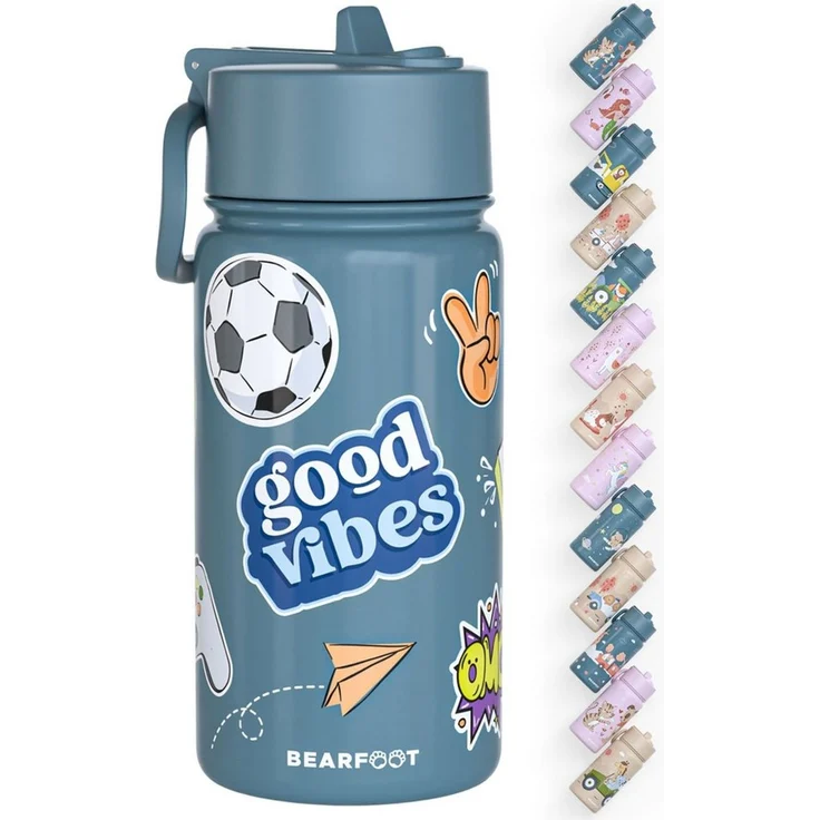 BEARFOOT Trinkflasche Thermo Kinder Trinkflasche Edelstahl - Sticker blau, Thermosflasche, auslaufsicher, Edelstahl, Kinderflasche, BPA-frei – Bild 2
