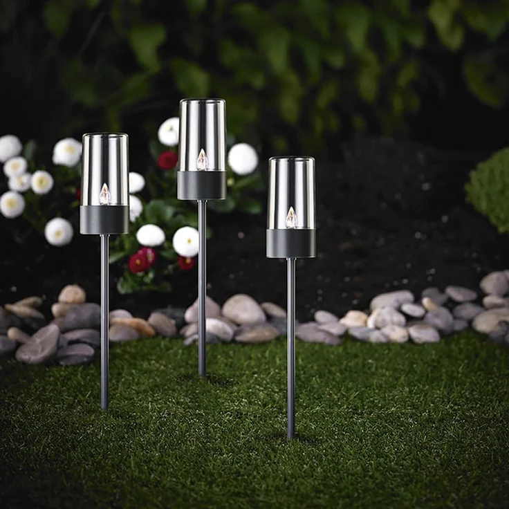 MeLiTec LED Solarleuchte Edelstahl Solarfackel, SO37-1, LED fest integriert, warmweiß, 3er Set – Bild 1