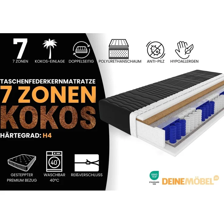Taschenfederkernmatratze mit KOKOS 7-Zonen 20 cm hoch Härtegrad H4, Deine Möbel 24, 20 cm hoch, (Set, 1-tlg), 7 Zonen, Bezug waschbar, Punktelastisch, mit Kokosmatte – Bild 2