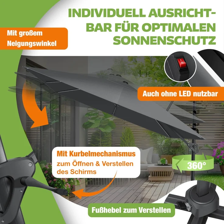 KESSER® Sonnenschirm Ampelschirm SUN XL 300 x 300 cm Inkl. Abdeckung +Windsicherung Drehbar Neigbar Kippbar Marktschirm Groß 360° Rotation, Gartenschirm mit Kurbel Sonnenschutz UV50+ Anthrazit, Mit LED – Bild 5
