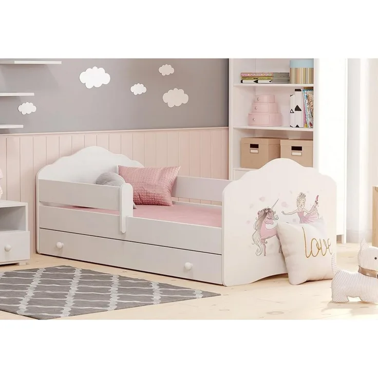 Kids Collective Kinderbett für Mädchen mit Matratze und Schublade & Lattenrost (70x140, 80x160 cm Jugendbett Einzelbett Komplettbett in weiß mit Pferd Motiv), Bett für Kinder Bett komplett Set Rausfallschutz Kinderbett 70x140 cm