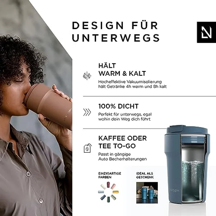 LARS NYSØM Thermo Kaffeebecher to go 380ml | Travel Mug 0,38 Liter mit Isolierung | Auslaufsicherer Edelstahl Thermobecher für Kaffee und Tee unterwegs | Teebecher (Stone Blue) – Bild 2