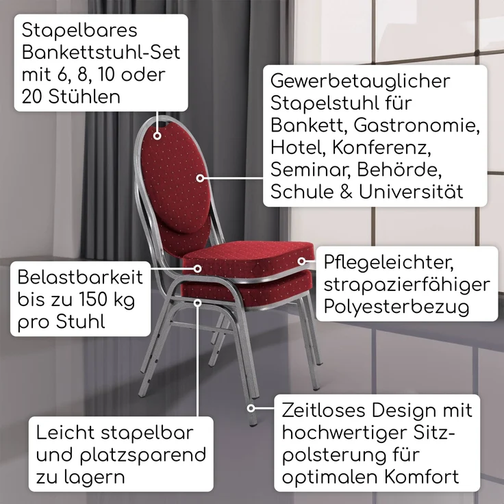 Stapelstuhl 20er-Set, Bankettstuhl stapelbar, Stahl Silber, Stoff Rot | Raburg David – Bild 2