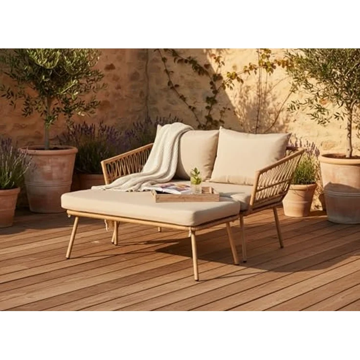 Wohnando Gartenliege Gartensofa "Maike" modernes Loungesofa, Rattan, 126x116x67cm (BxTxH), 1 St, mit Auflage und Kissen grau beige, Gartensonnenliege, Gartenmöbel – Bild 5
