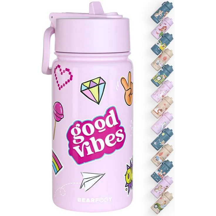 BEARFOOT Trinkflasche Thermo Kinder Trinkflasche Edelstahl - Sticker lila, Thermosflasche, auslaufsicher, Edelstahl, Kinderflasche, BPA-frei – Bild 1