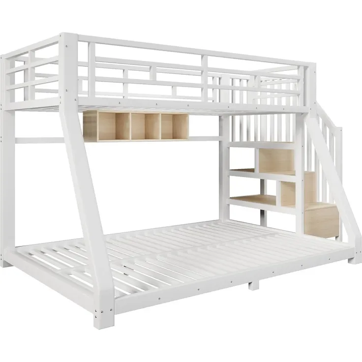 Etagenbett mit 2 Schlafgelegenheiten, Lattenrosten, Regal, Rausfallschutz und LED-Streifen, Treppe mit Regal, 90/140x200 cm, Kinderbett, Metallbett – Bild 7
