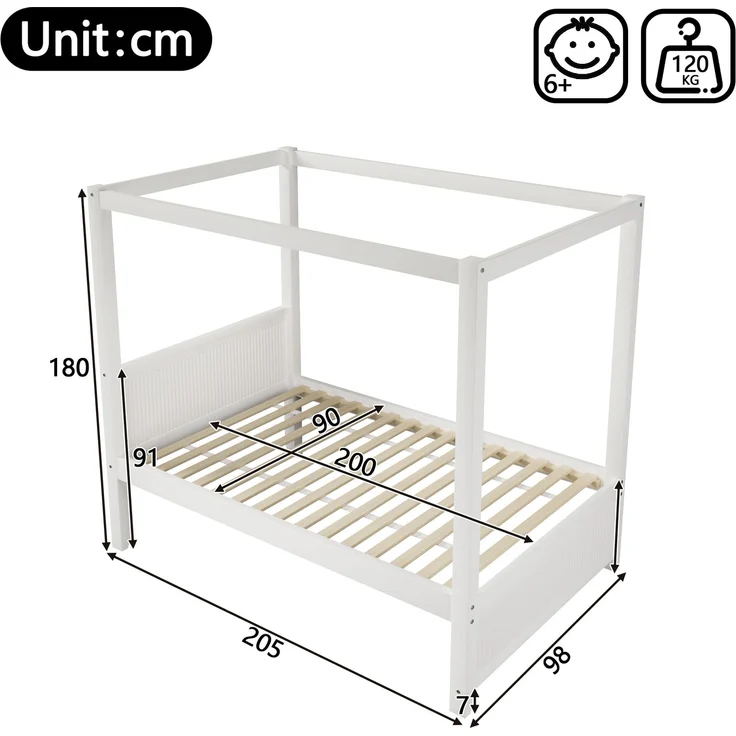 Bett 90x200 cm Himmelbett aus Holz, Weiß, mit offenem Dachrahmen und vertikalen Lamellen, ohne Matratze – Bild 4
