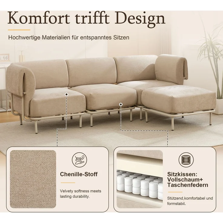 3-Sitzer Sofa mit Hocker, B 251 x T 155 x H 78 cm, Chenille in Khaki, modular – Bild 7